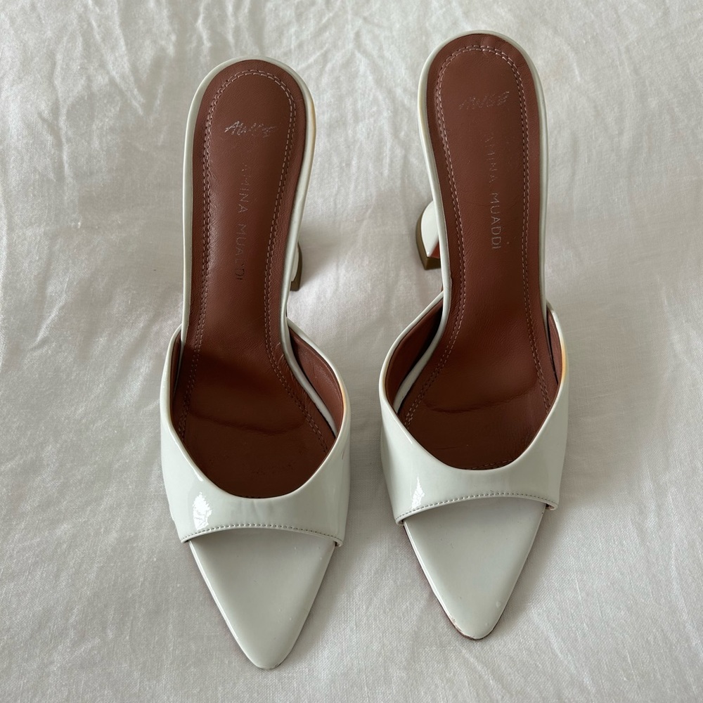 Amina Muaddi White Pointed Heel Patent Leather Mules Sandal Block Heels Wedding - Picture 3 of 12
